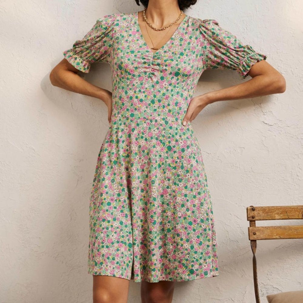 Boden Floral Mini Dress in Pink and Green